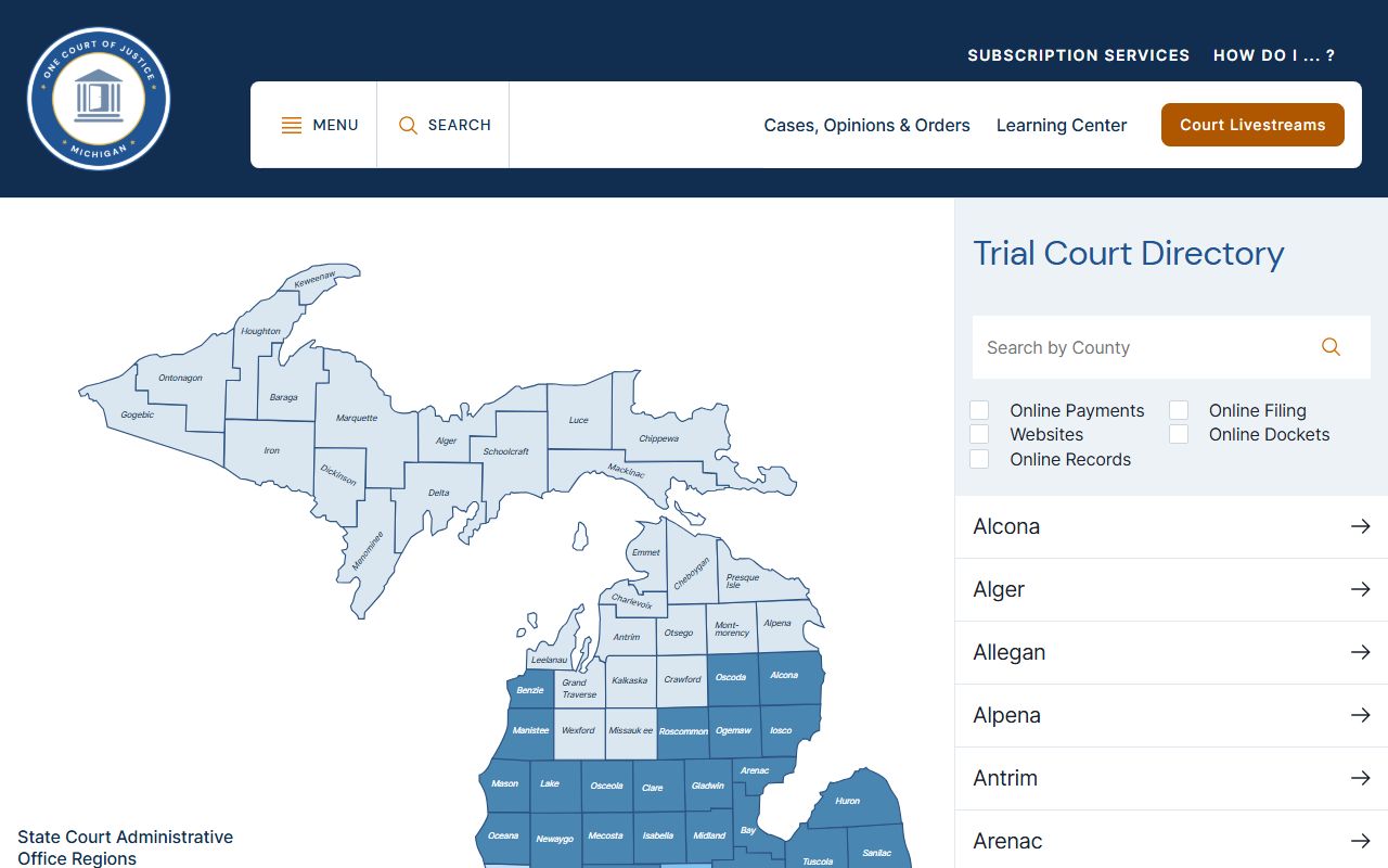 Michigan trial-court directory used to find Houghton County court dockets online