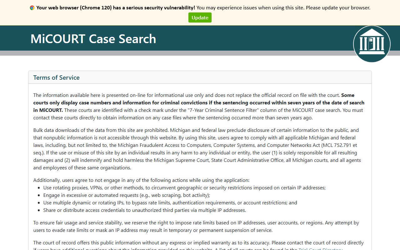 Michigan courts case search page showing Houghton County court docket fields
