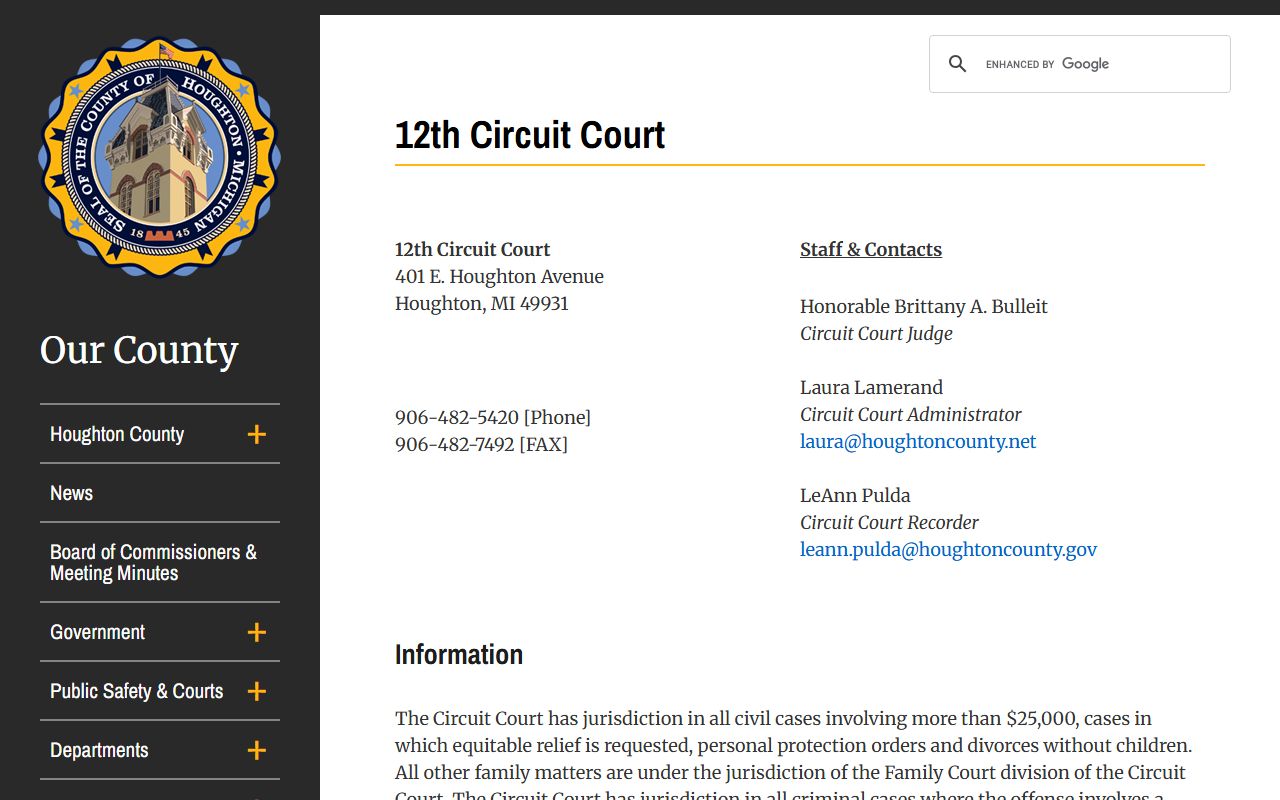 Houghton County 12th Circuit Court records directory page