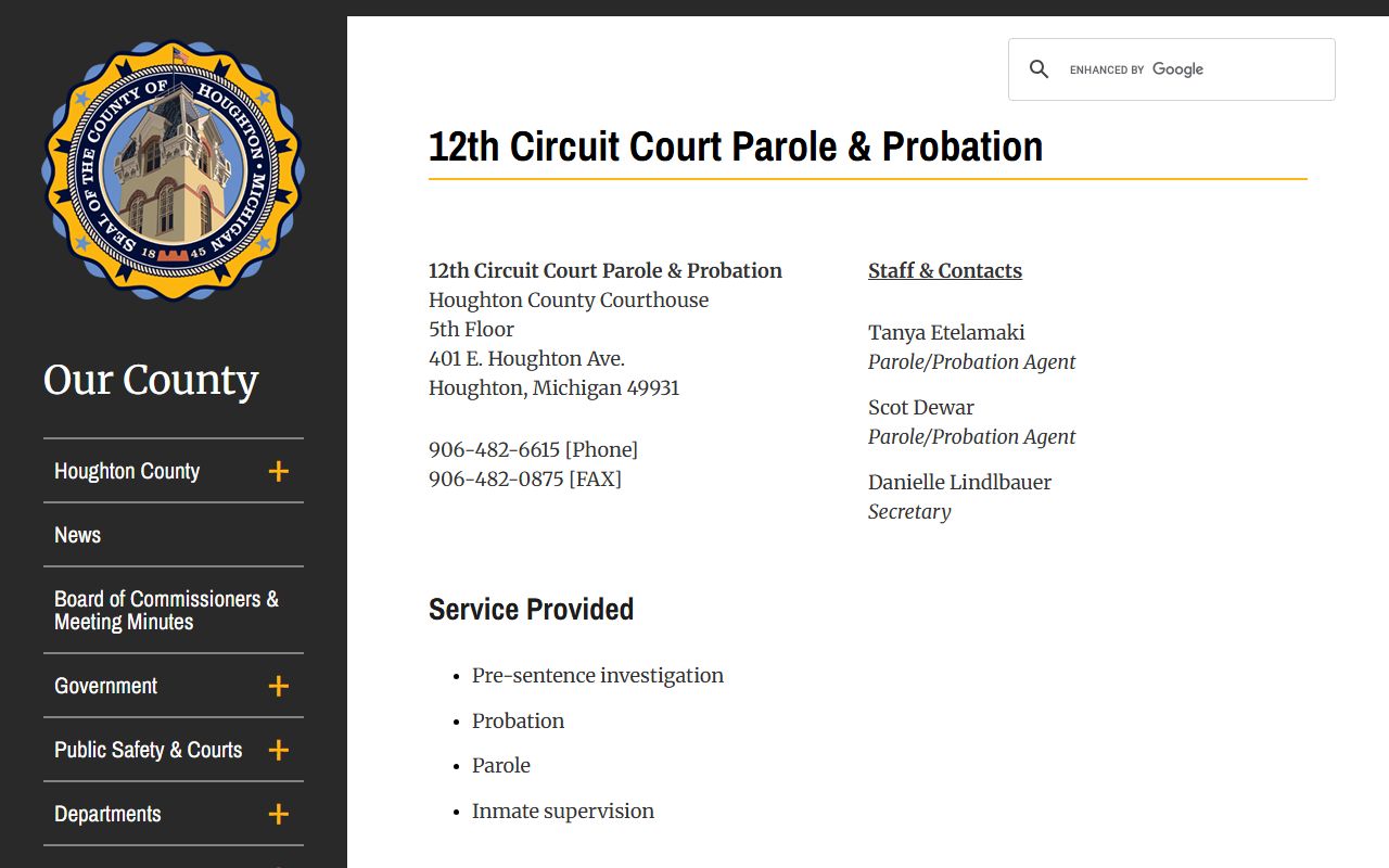 Houghton County Circuit Court parole and probation records office page