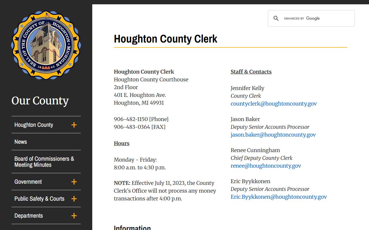 Houghton County Clerk office directory and county records contacts