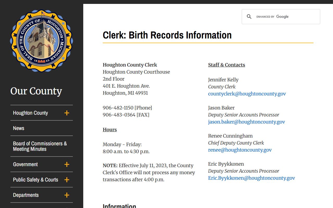 Houghton County Clerk birth certificate records request page