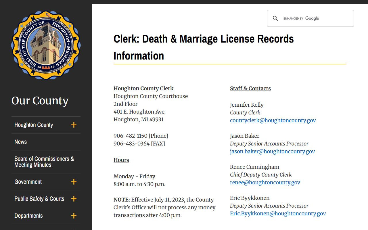 Houghton County Clerk death and marriage records request page