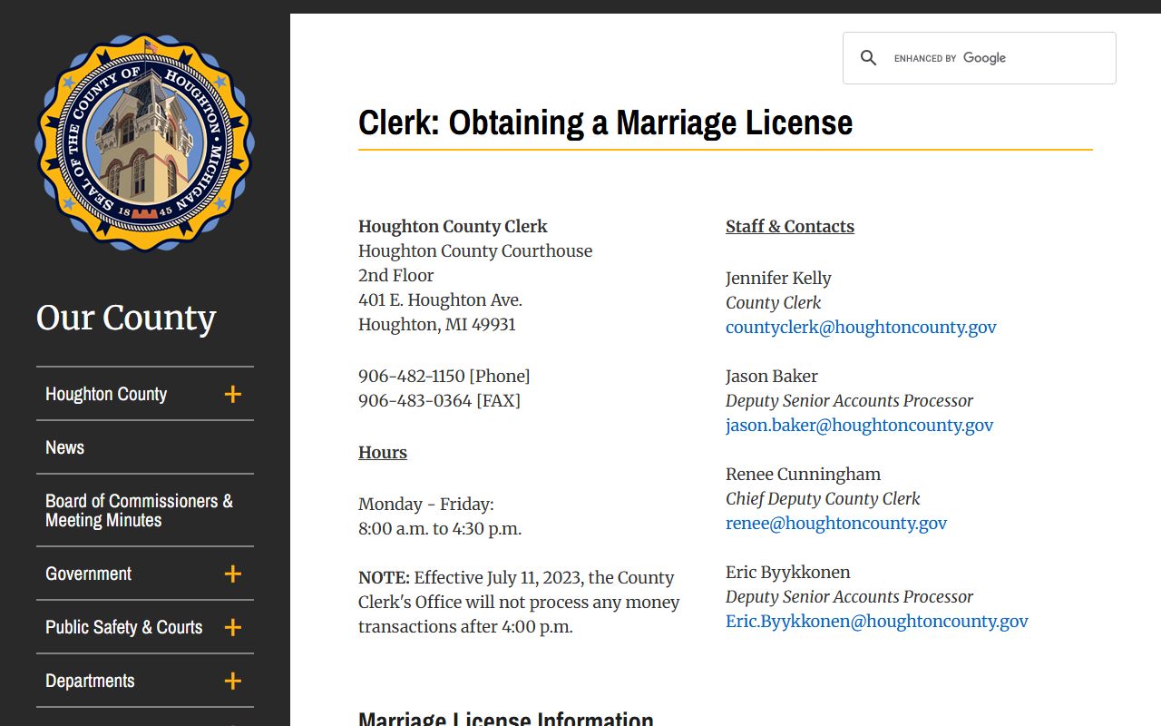 Houghton County Clerk marriage license application information page