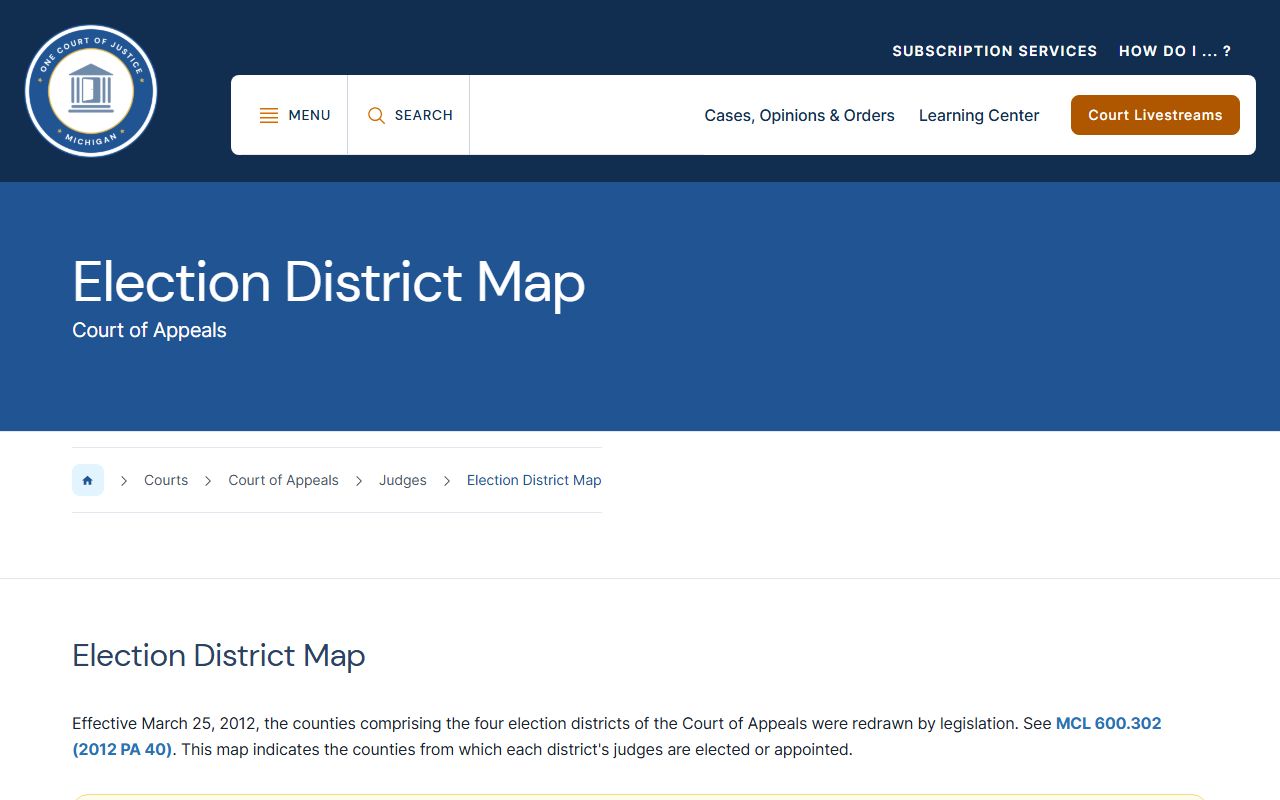 Michigan Court of Appeals election-district map covering Houghton County dockets on appeal