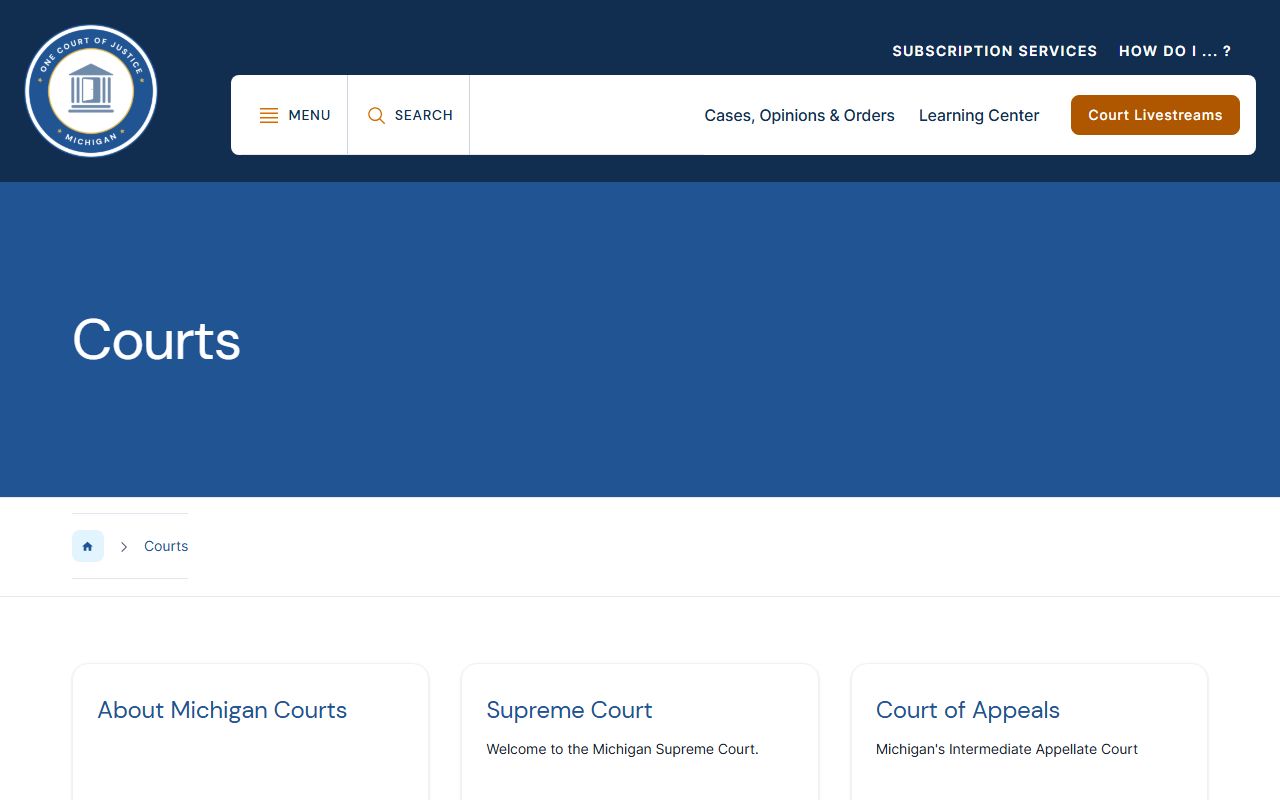 Michigan Courts hierarchy page used to search Houghton County court records