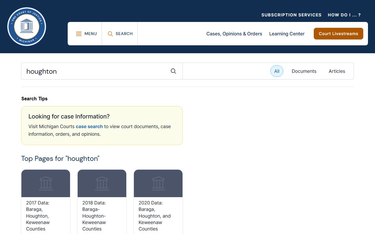 Michigan Courts search results page for Houghton County court records