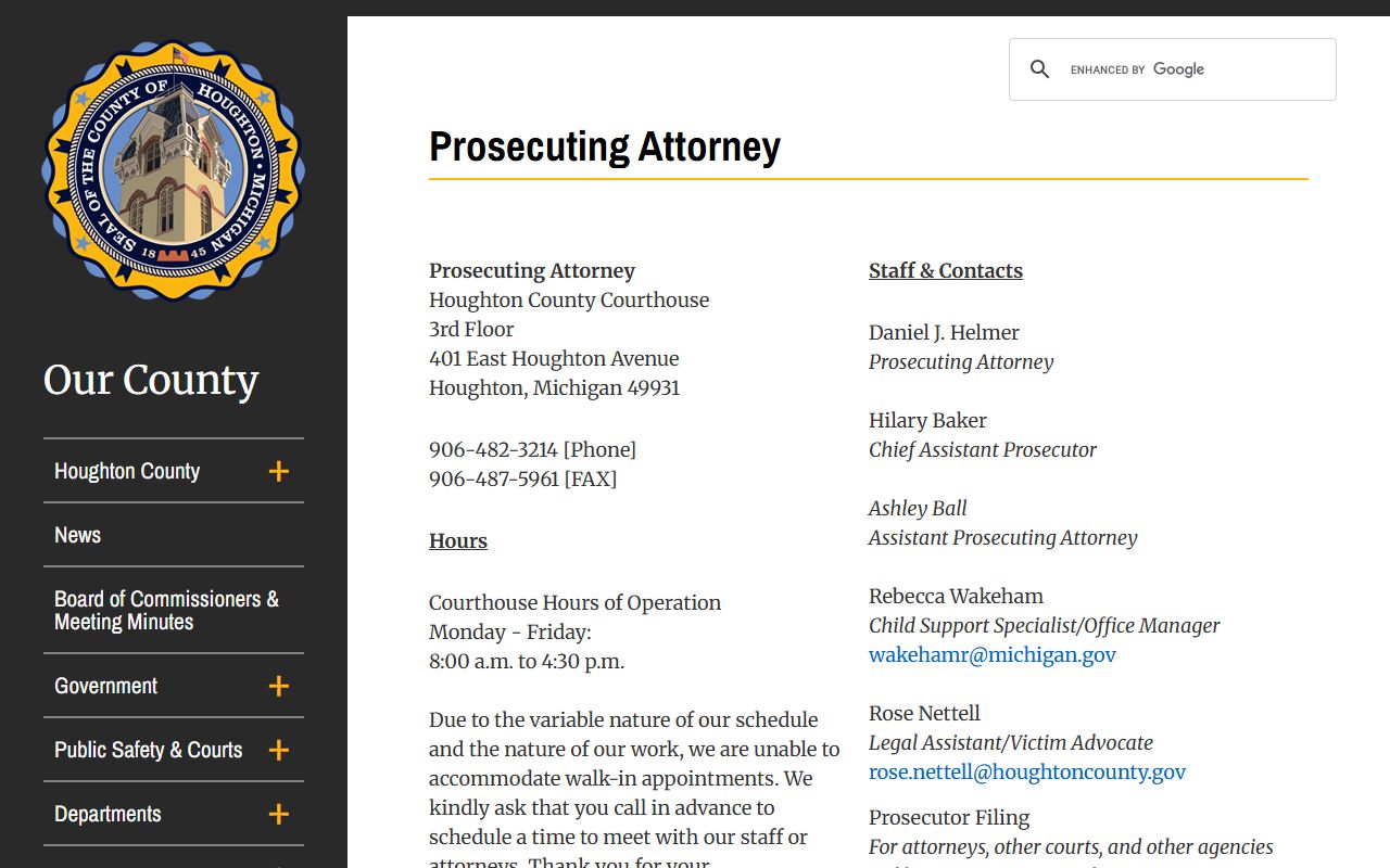 Houghton County criminal court records prosecuting attorney directory