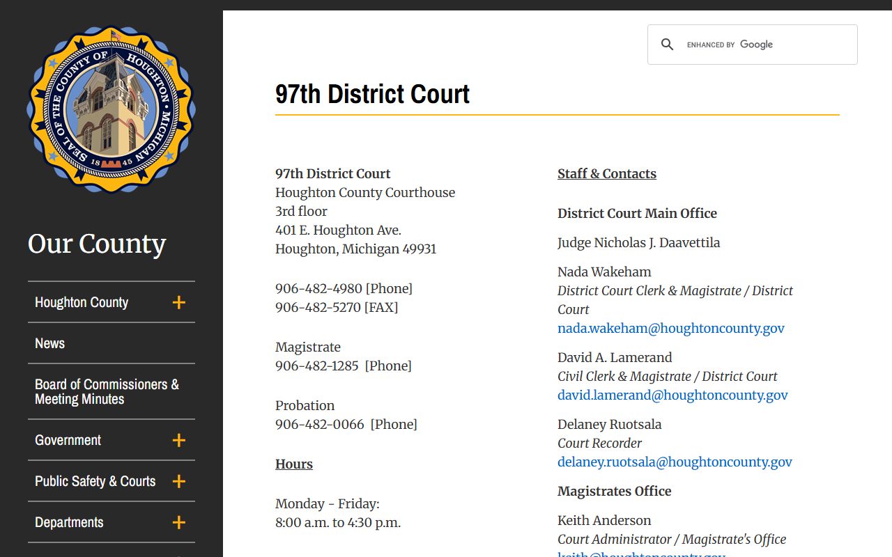 Houghton County 97th District Court clerk records directory page