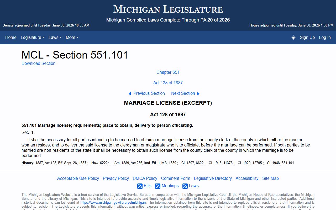 Michigan MCL 551.101 marriage license statute governing Houghton County marriage records