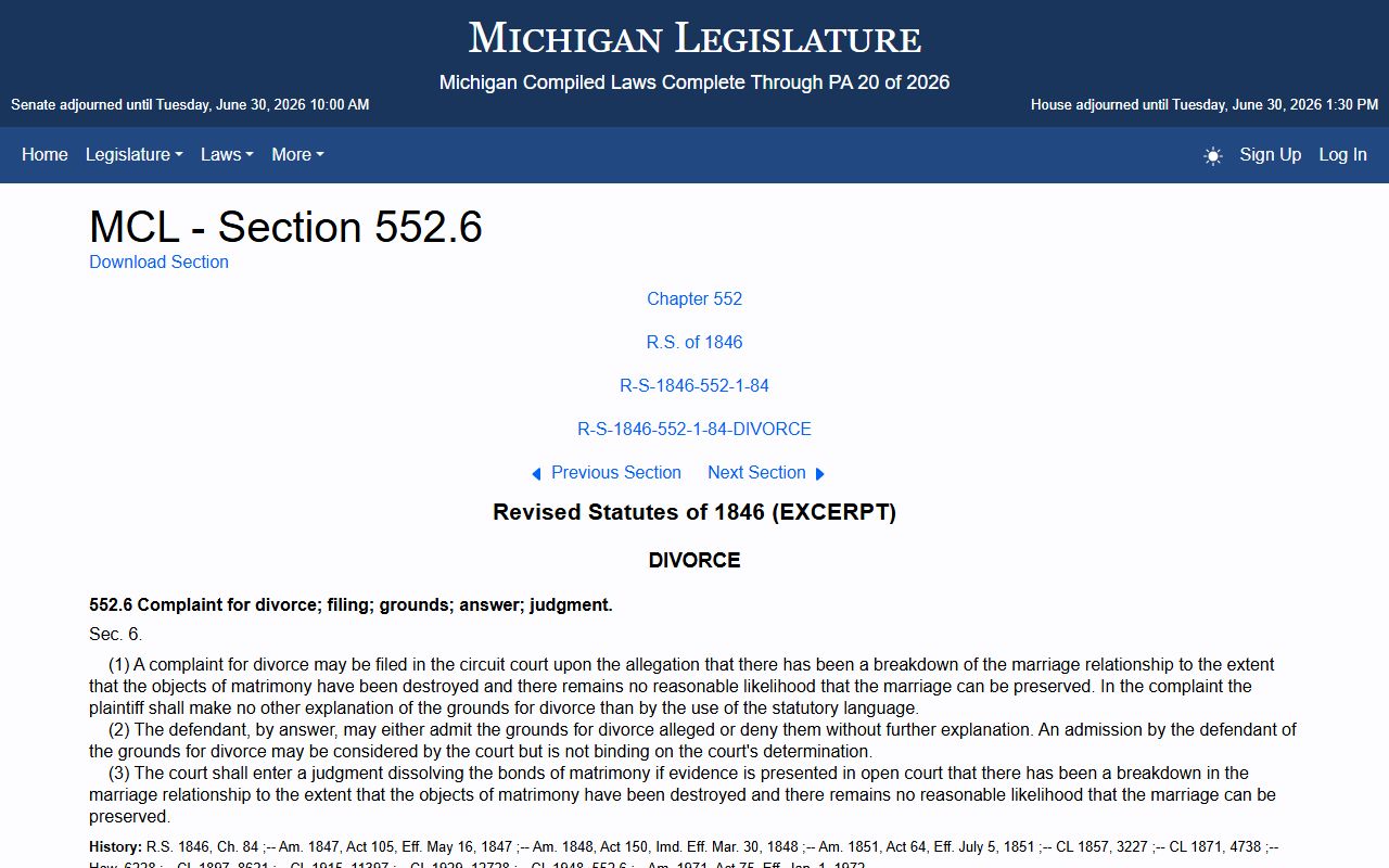 Michigan MCL 552.6 divorce statute for Houghton County divorce records