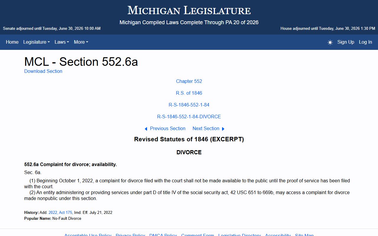 Michigan MCL 552.6a statute delaying public access to Houghton County divorce records