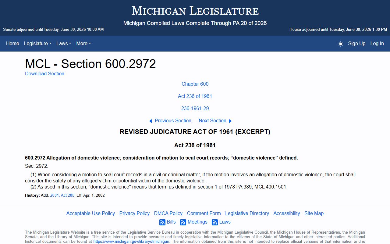 Michigan MCL 600.2972 domestic violence sealing statute for Houghton County divorce records
