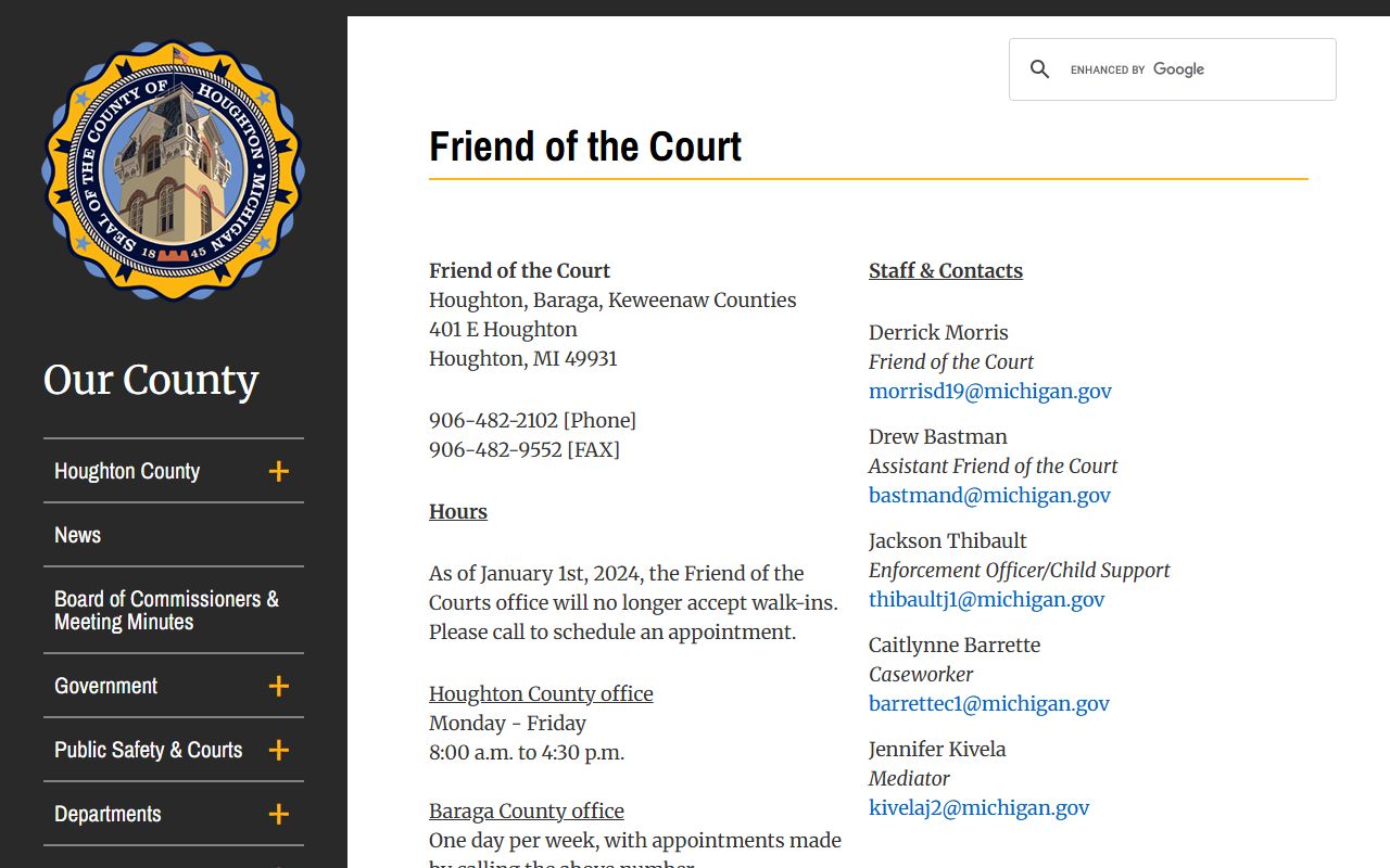 Houghton County Friend of the Court directory for probate and family records support