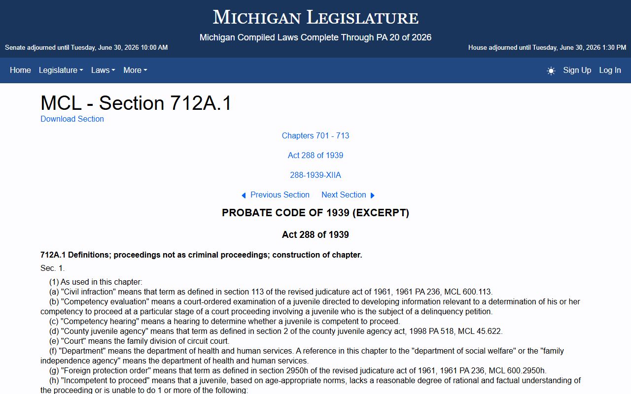 Michigan MCL 712A.1 juvenile code definitions for Houghton County probate records