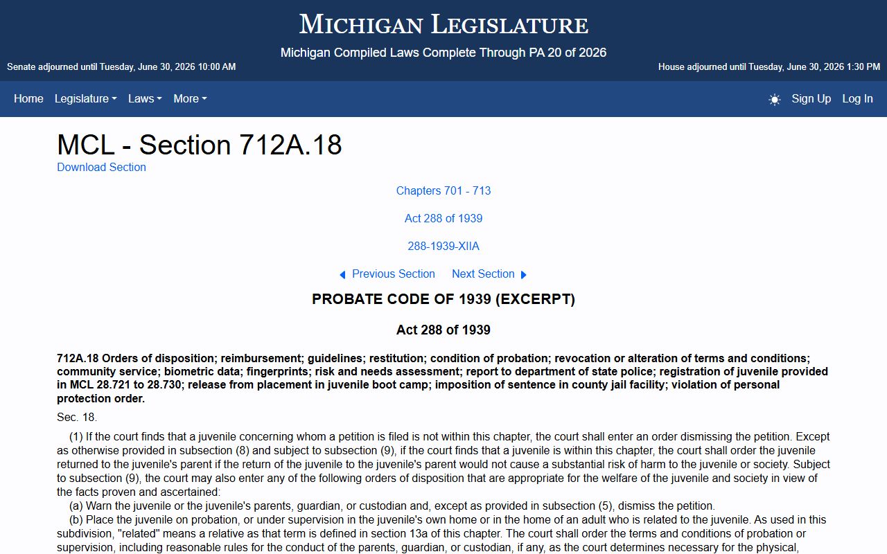 Michigan MCL 712A.18 juvenile disposition statute affecting Houghton County probate records