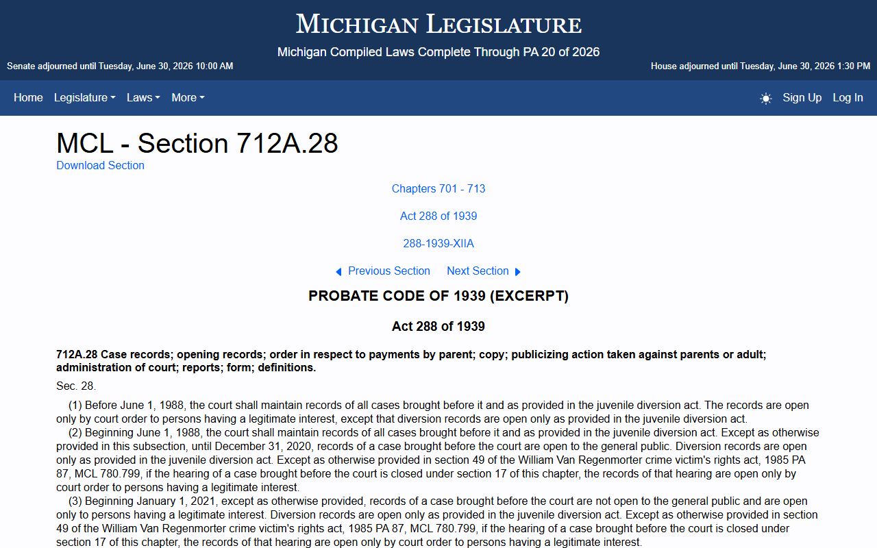 Michigan MCL 712A.28 juvenile records statute limiting Houghton County probate records access