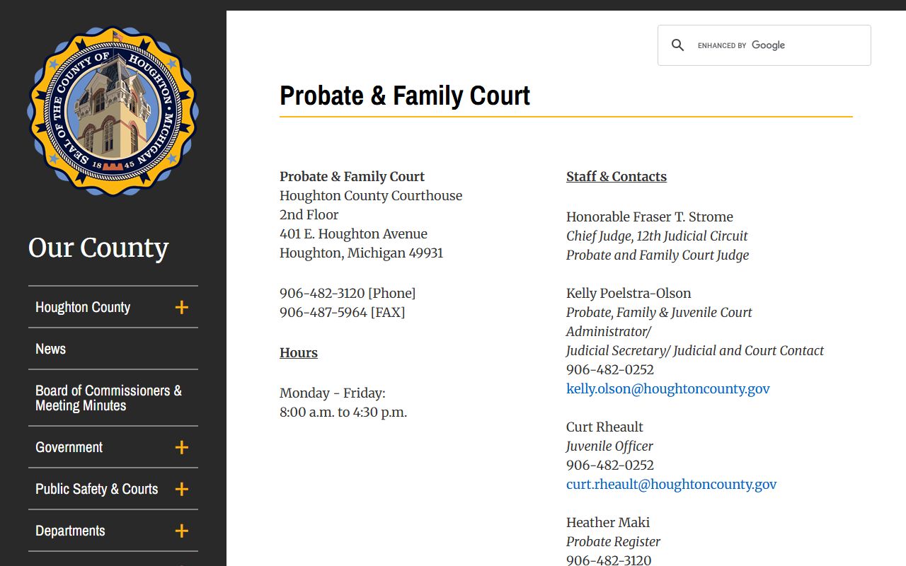 Houghton County Probate and Family Court directory and probate records contacts