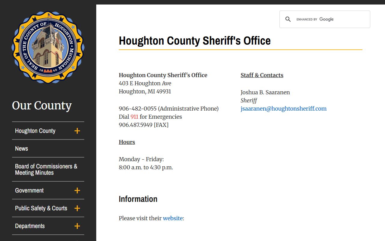 Houghton County sheriff department directory for inmate custody contacts