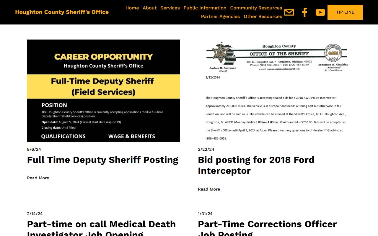 Houghton County sheriff press release page with custody and jail news