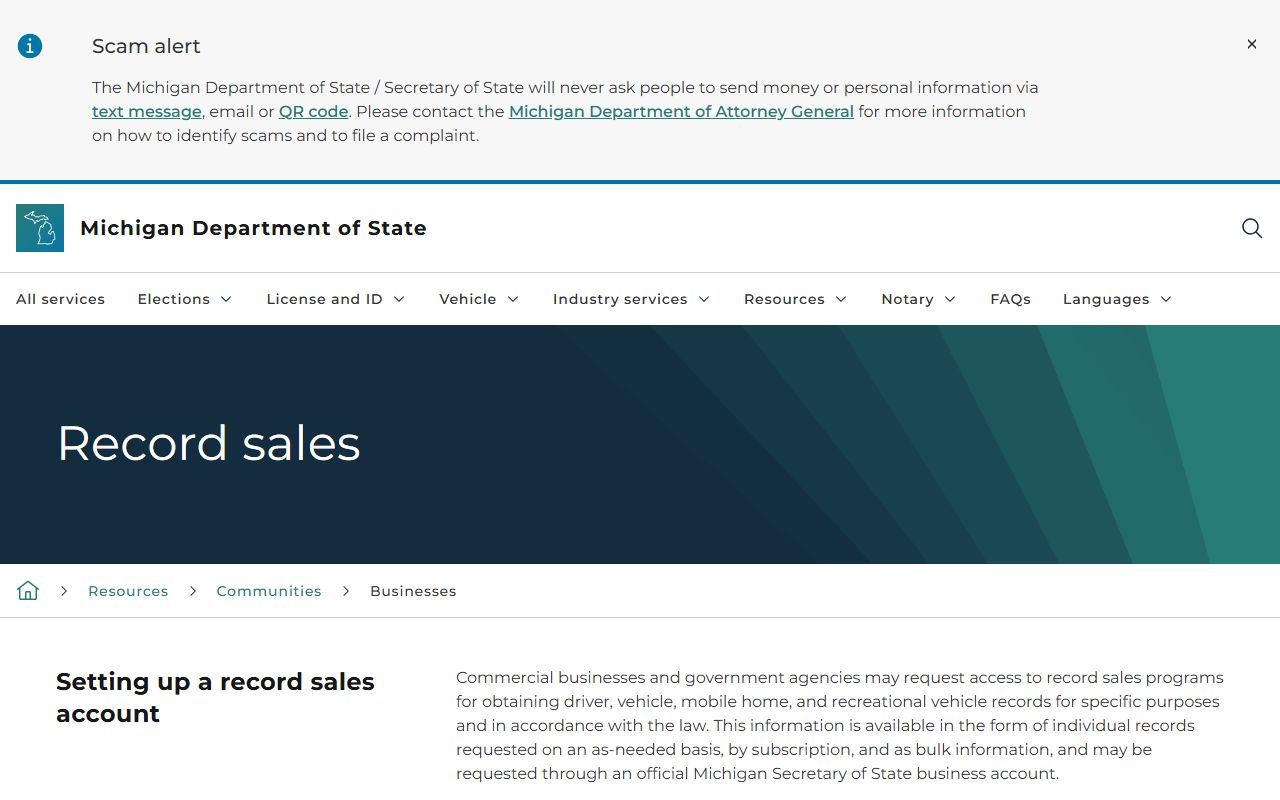 Michigan Secretary of State business services page for commercial driver records near Houghton County