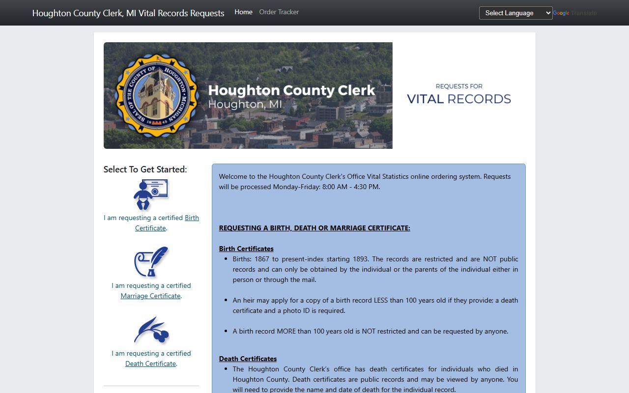 Houghton County online vital record forms portal for certified copies