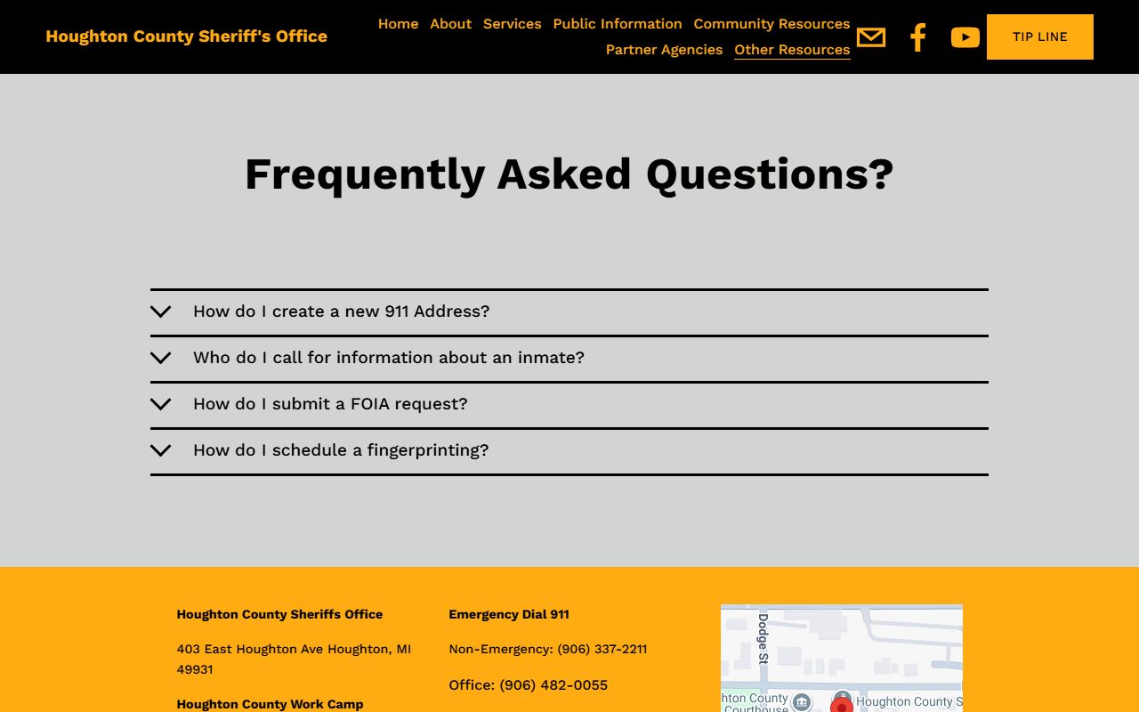 Houghton County warrant records sheriff FAQ page