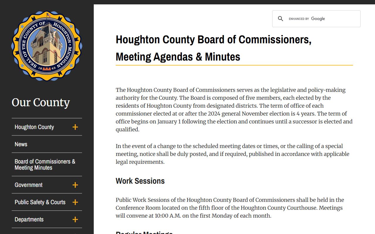 Houghton County board page describing county governance around the courthouse