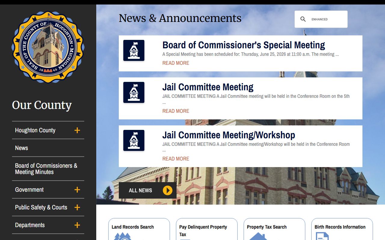 Houghton County home page linking to court records, clerk, and sheriff resources