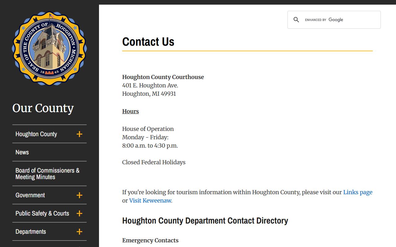 Houghton County contact page with courthouse address, hours, and department phone numbers