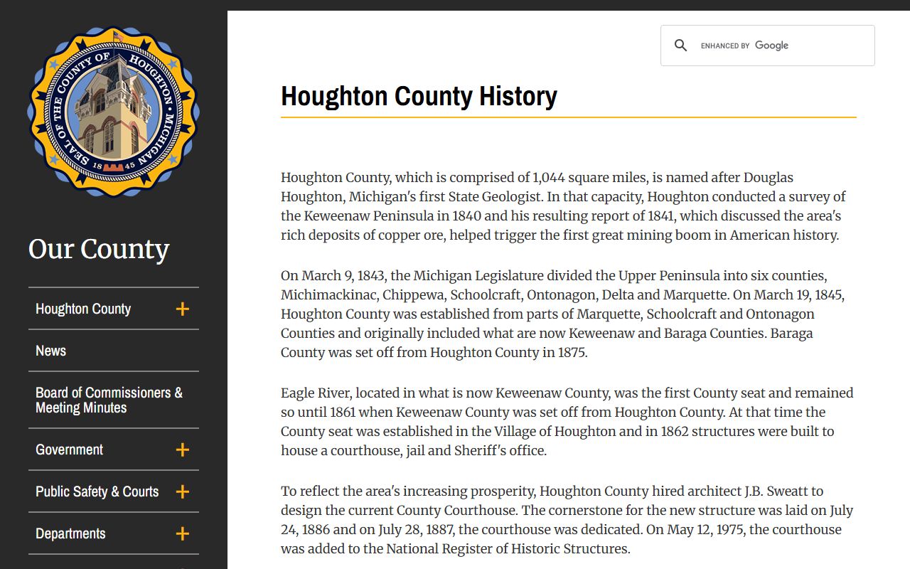 Houghton County history page describing courthouse construction and National Register listing