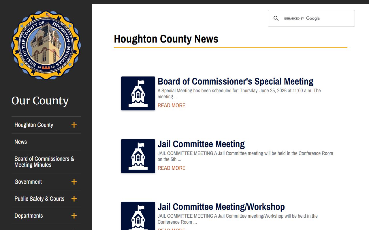 Houghton County news page with jail project updates and county announcements